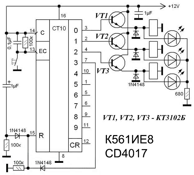 CD4017BE, аналог К561ИЕ8, счетчик-дешифратор